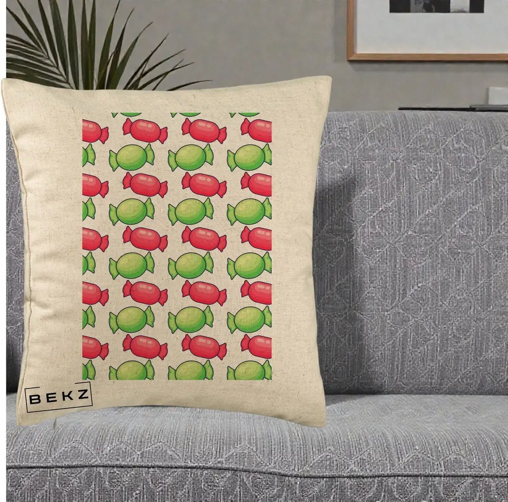 Perna Decorativa Bomboane Craciun Pattern, 40x40 cm, Bej, Husa Detasabila, Perna Inclusa, BEKZ®