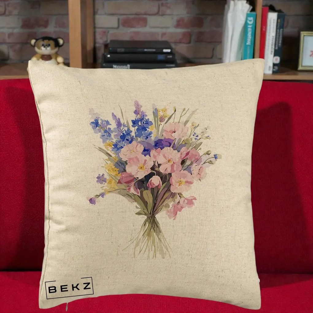 Perna Decorativa Buchet Floral Acuarela Primavara, 40x40 cm, Bej, Husa Detasabila, Perna Inclusa, BEKZ®