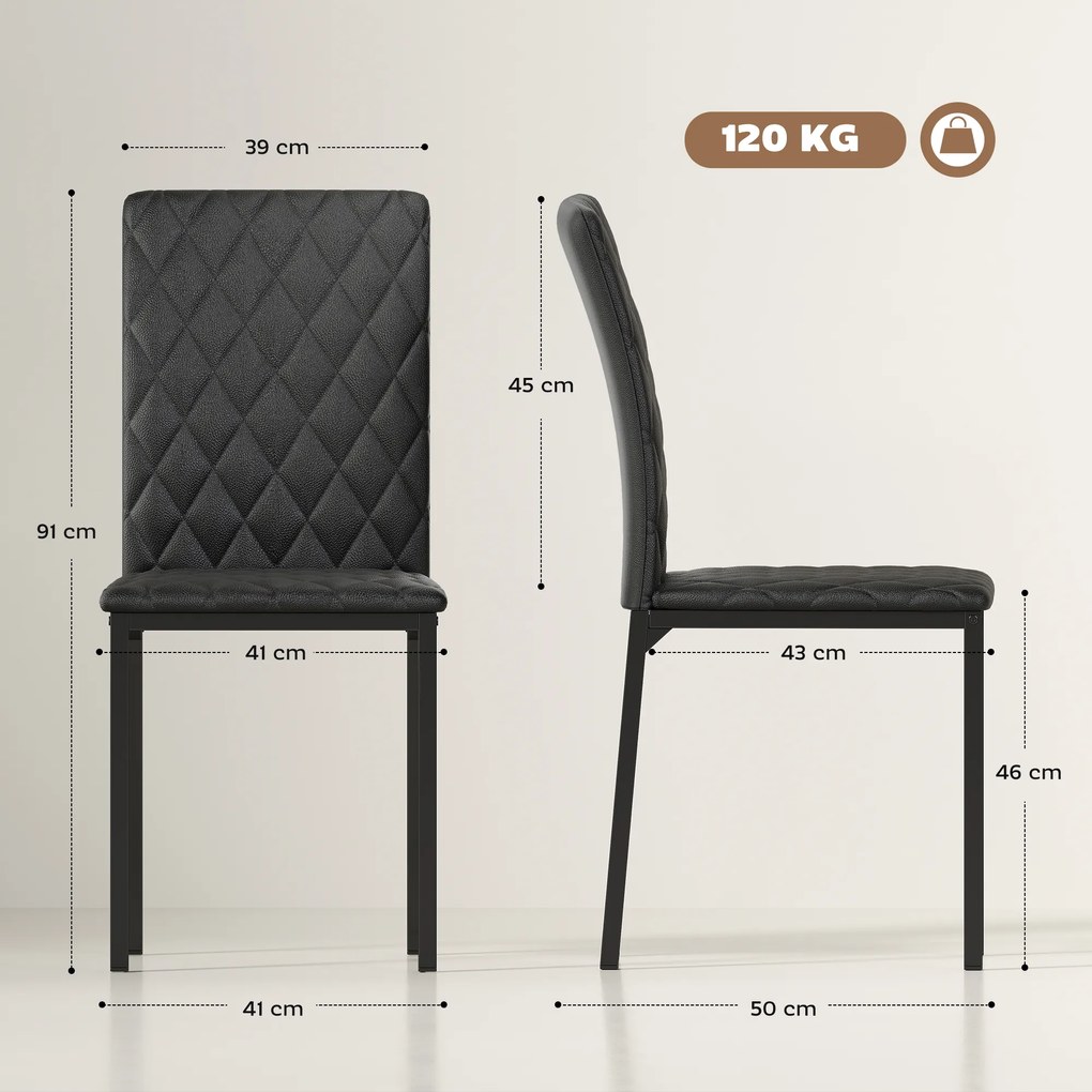 HOMCOM Set de 4 Scaune din Piele Ecologică cu Cusături Romboidale și Picioare din Oțel, 41x50x91 cm, Negru | Aosom Romania