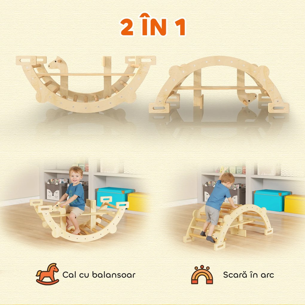 AIYAPLAY Arc Montessori din Lemn pentru Copii 2-4 Ani, Convertibil în Balansoar, Joc de Cățărare, 110x52x45 cm, culoare Lemn | Aosom Romania