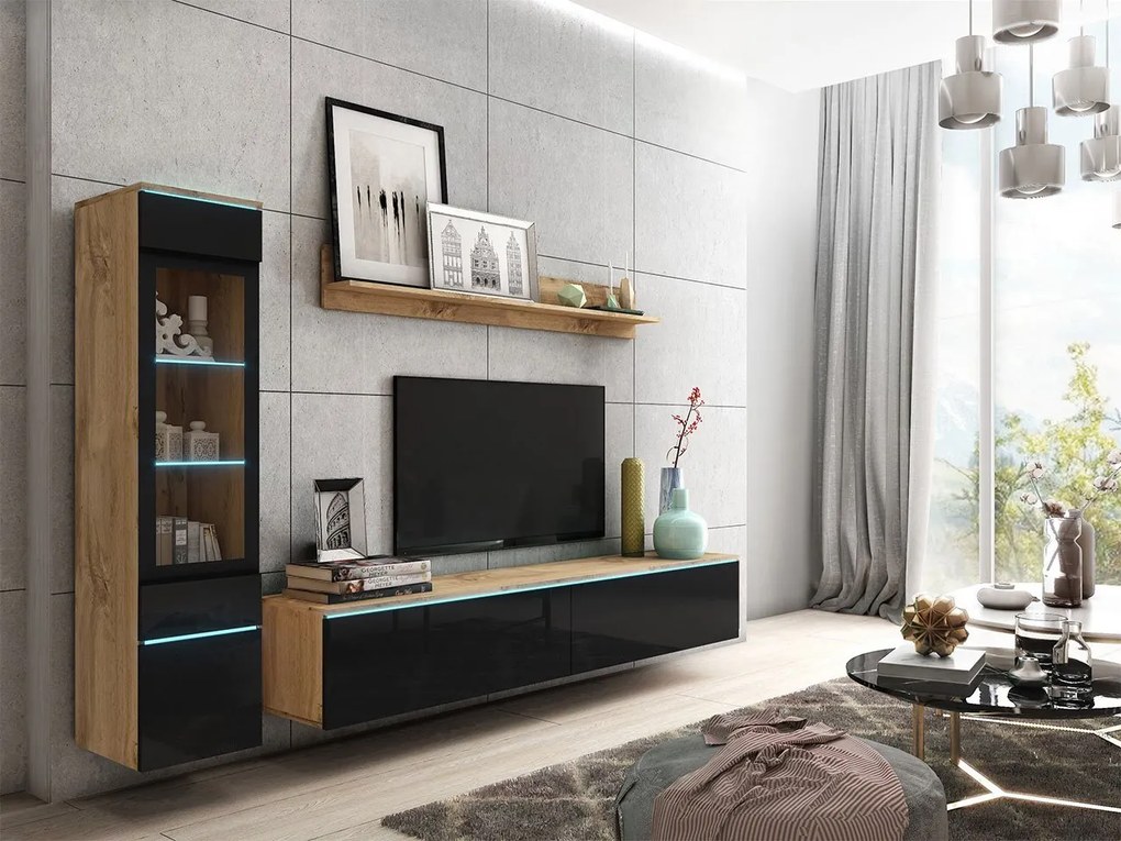 Mobilier living Selwyn I (wotan + Negru lucios ) (iluminat LED Alb). 1054033