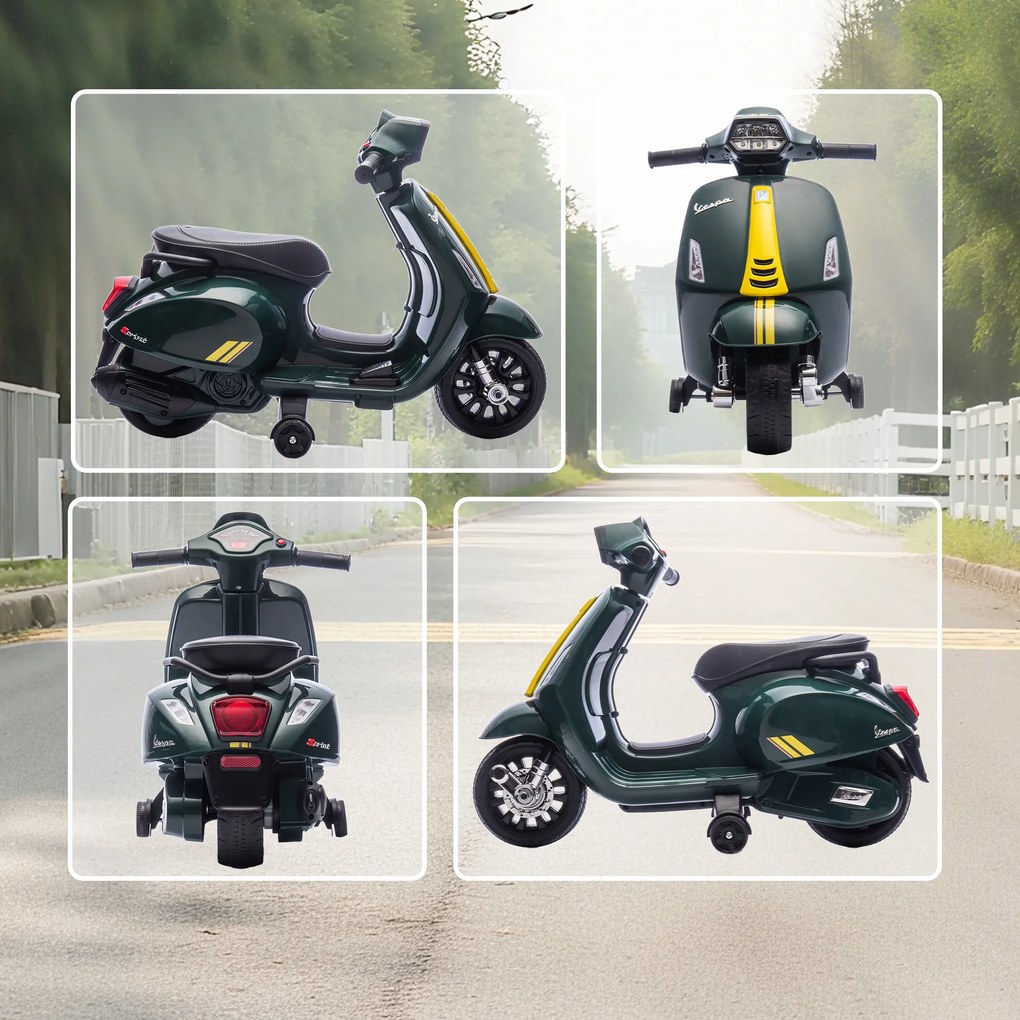AIYAPLAY Motocicletă Electrică pentru Copii cu Licență Vespa, Baterie Reîncărcabilă 6V, Roți Laterale și Lumini, Vârsta 2-6 Ani, Verde Închis | Aosom Romania