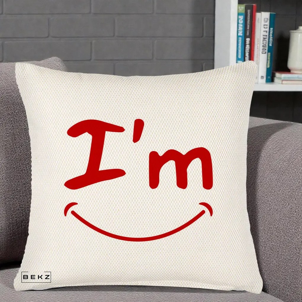Perna Decorativa I'm Happy Smile, 40x40 cm, Crem Reliefat, Husa Detasabila, Perna Inclusa, BEKZ®