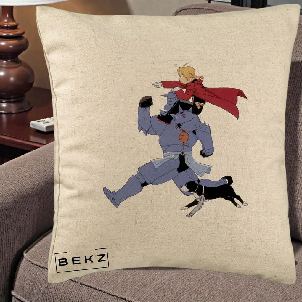 Perna Personalizata Fullmetal Alchemist Edward si Alphonse, 40x40 cm, Bej, Husa Detasabila, Perna Inclusa, BEKZ®