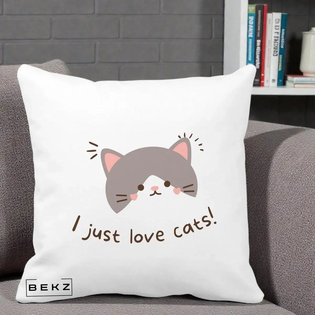 Perna Personalizata I Just Love Cats Pisica Kawaii, 40x40 cm, Alba Mata, Husa Detasabila, Perna Inclusa, BEKZ®