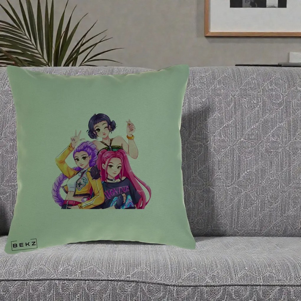 Perna Personalizata K-pop HUNTRX Trio Animat Fete Foto, 40x40 cm, Verde, Husa Detasabila, Perna Inclusa, BEKZ®