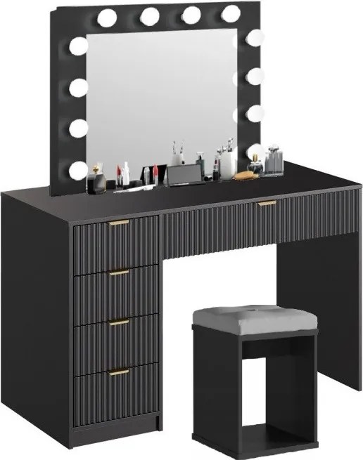 Masuta machiaj cu Oglinda LED si 5 Sertare pentru Cosmetice, Set Masa toaleta 120 cm, Alb, masuta cosmetica, vanity - SEN22
