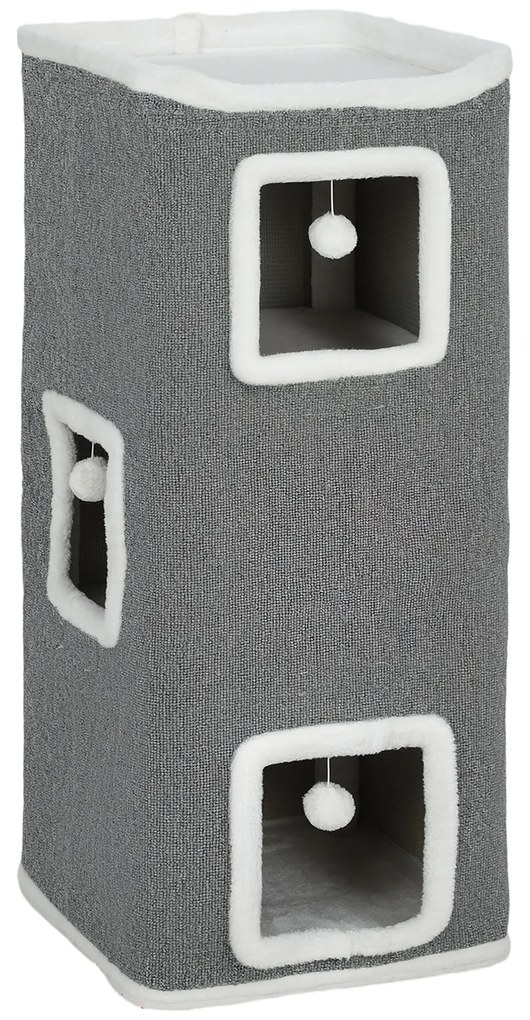 PawHut Ansamblu de joacă pentru Pisici cu 4 Nivele, 3 Bile de Jucărie din PAL, Textil și Pluș, 41x41x100 cm, Gri și Alb | Aosom Romania
