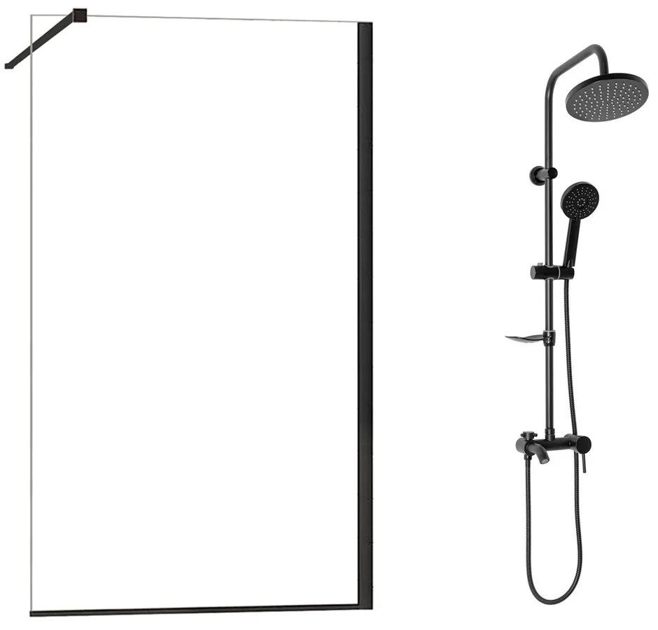 Pachet paravan dus Walk-In Fluminia Foxy negru 120x200 cm si coloana de dus Rea Luis negru