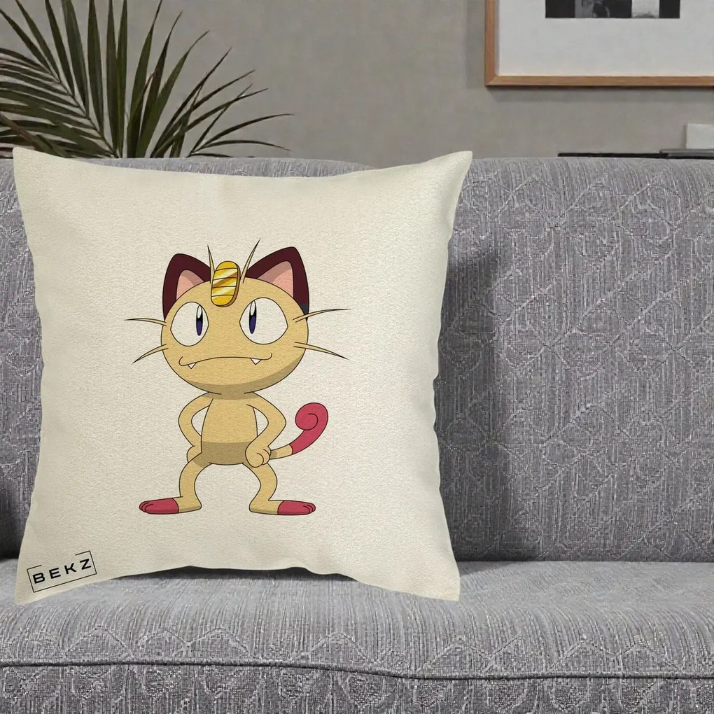 Perna Personalizata Meowth Pokemon, 40x40 cm, Ecru, Husa Detasabila, Perna Inclusa, BEKZ®