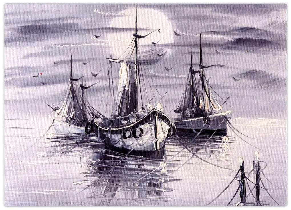 Tablou pe sticlă - Port marin, pictură în ulei (70x50 cm)