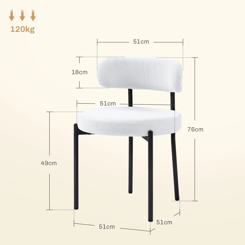 HOMCOM Set 2 scaune de dining, Captușire în Fleece, Scaune cu șezut captusit, Picioare din Metal, Crem | Aosom Romania