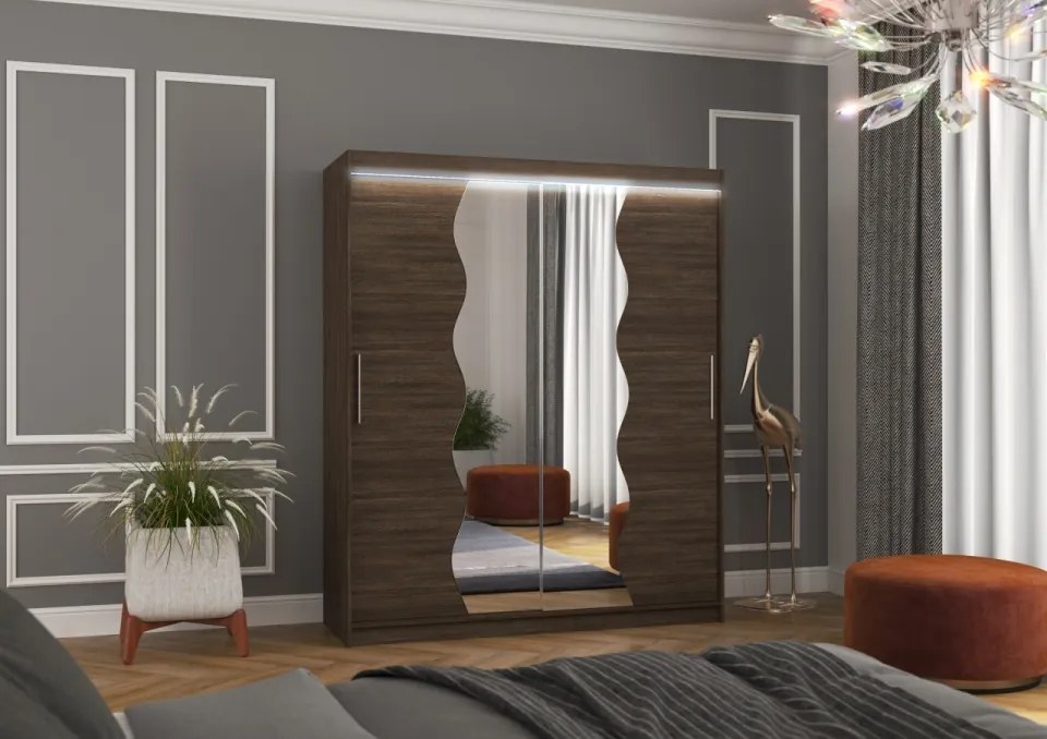 Dulap cu usi glisante si oglinda + iluminare LED, Kansas 180 + LED, 180 cmx200 cmx58 cm, ADRK Furniture (Culoare: Alb)