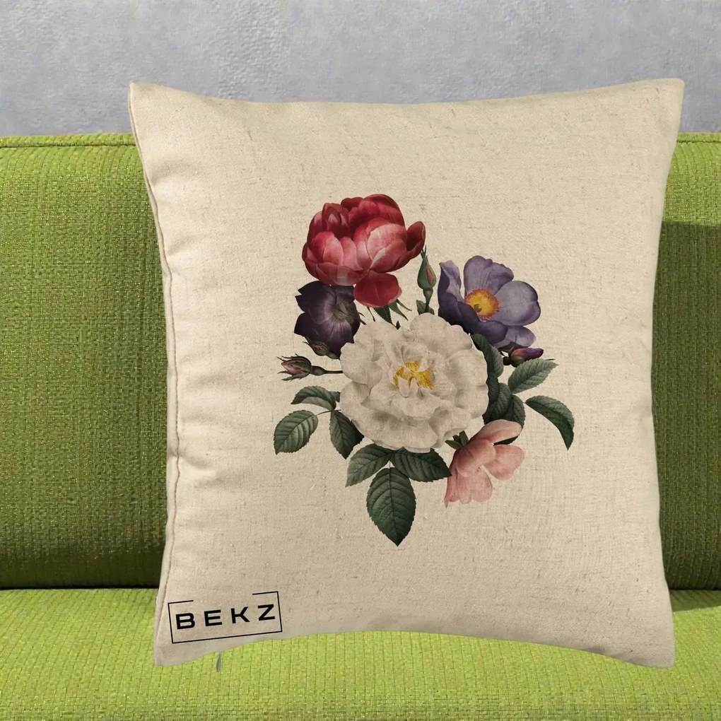 Perna Decorativa Buchet Trandafiri Bujori Botanical, 40x40 cm, Bej, Husa Detasabila, Perna Inclusa, BEKZ®