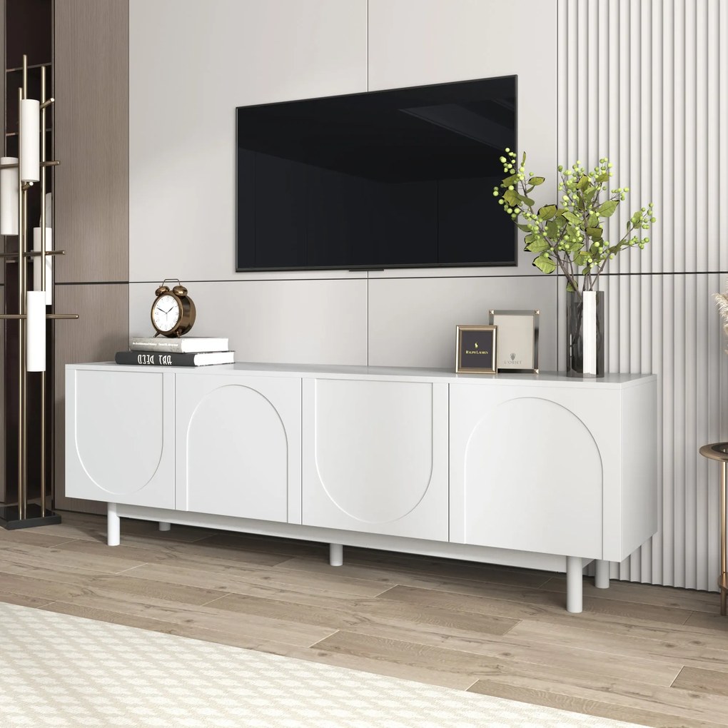 Comodă TV Elegant în Stil Luxos cu Uși Structurate și Rafturi Reglabile, 175x38x56 cm, Alb