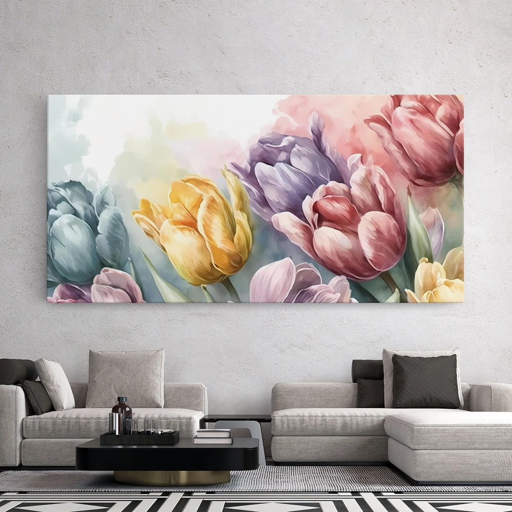 Tablou Canvas, 60x120cm, Dormitor si Living, Flori, Lalele, Pastel Tulips
