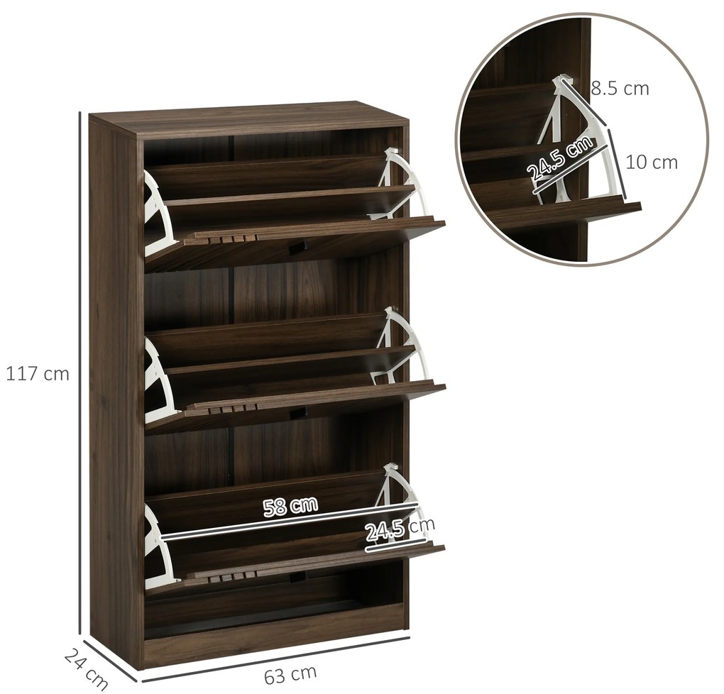 HOMCOM Dulap pentru Pantofi, Organizator de Pantofi cu 3 Sertare si Rafturi Reglabile pentru 18 Perechi, 63x24x114 cm, Nuc | Aosom Romania