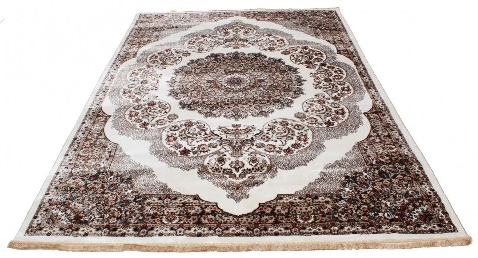 Covor clasic bej maro Isfahan 160x230 covor poliester mecanic pentru living sau dormitor