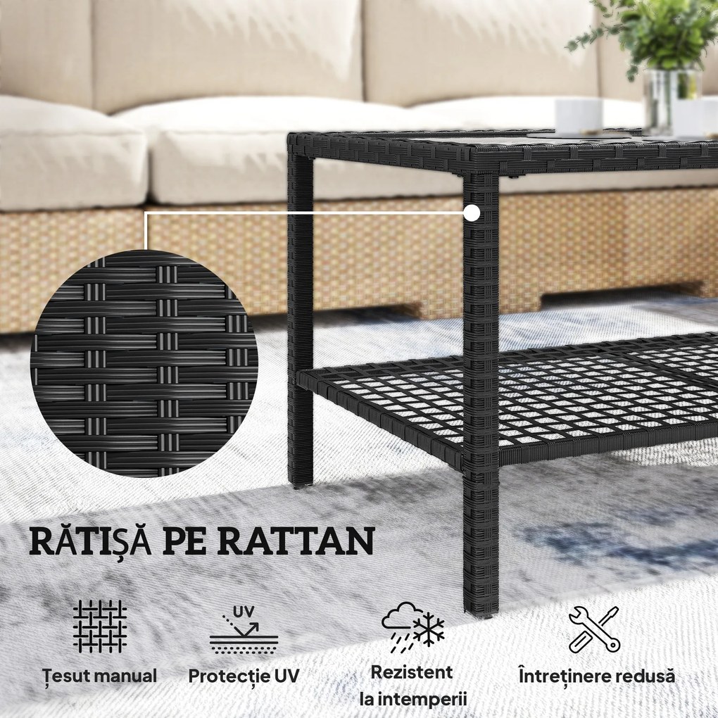 Outsunny Măsuță de Cafea din Ratan pe 2 Niveluri cu Raft, Blat din Sticlă Securizată, Măsuță de Exterior cu Cadru din Oțel, 92x50x45 cm, Negru | Aosom Romania