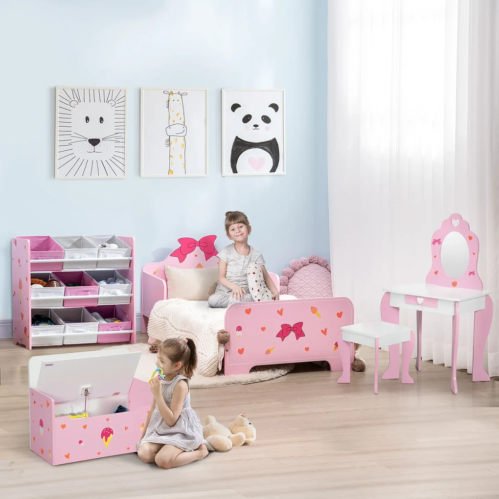 ZONEKIZ Set de masa de machiaj cu scaun si oglinda si sertar din lemn MDF pentru copii de 3-6 ani, alb si roz | AOSOM RO