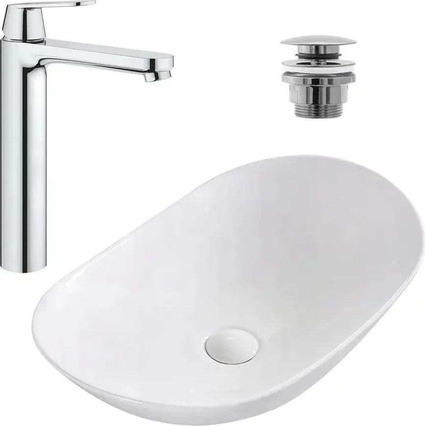Pachet lavoar pe blat Rea Royal alb 62.5 cm, baterie lavoar Grohe Eurosmart Cosmopolitan XL crom si ventil lavoar Click-Clack crom