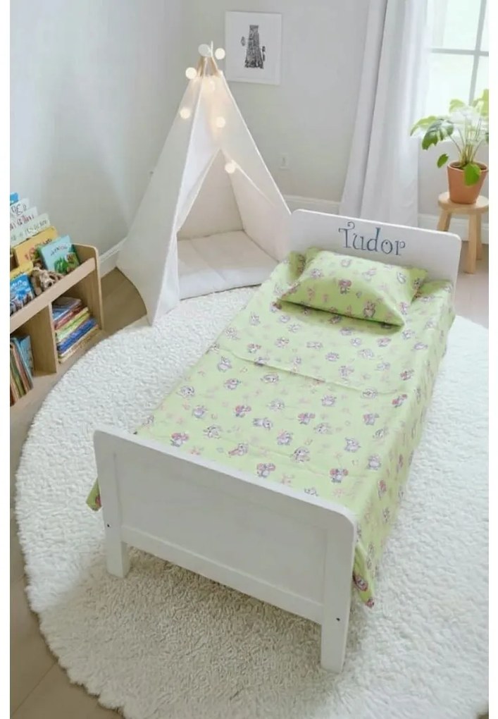 Lenjerie bumbac ranforce pat 3 piese copii 2-12 ani Iepurasi pentru saltele 160x80 cm ASC6427968007126