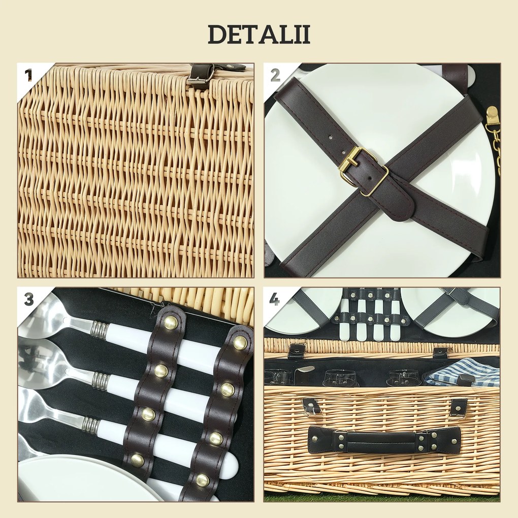 Outsunny Coș de Picnic pentru 4 Persoane cu Zonă Frigorifică și Accesorii 54x34x20 cm | Aosom Romania