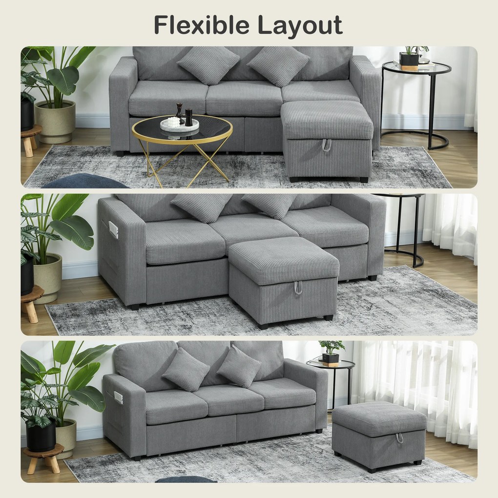 HOMCOM Divan 3 Locuri cu Pouf de Depozitare din Velur cu Nervuri 196x139x85 cm, Gri | Aosom Romania