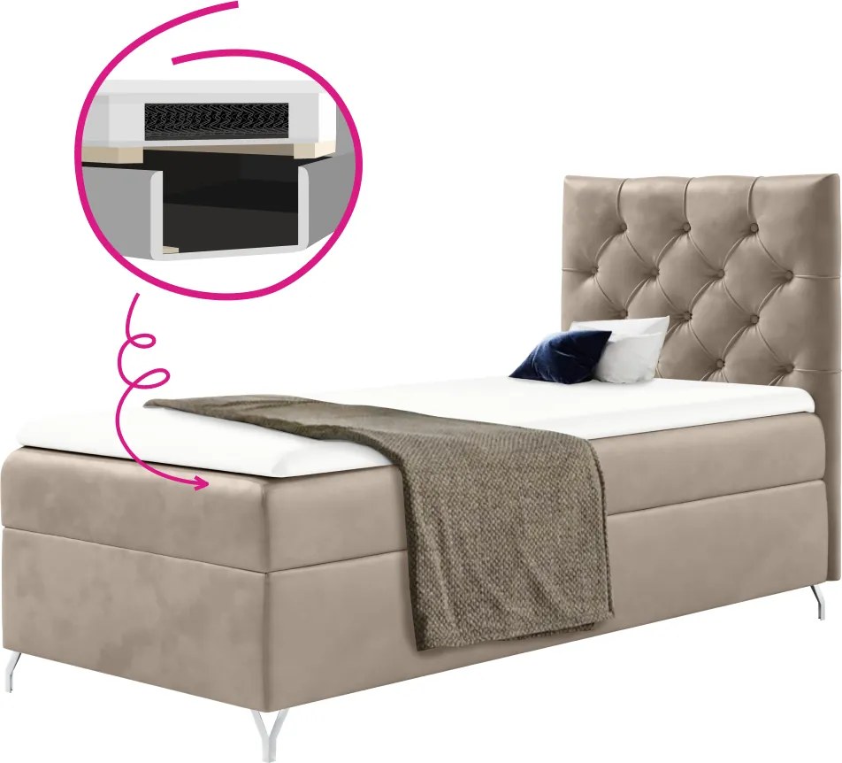 Pat cu boxspring, 90x200, ţesătură bej Velvet, pe dreapta, GULIETTE + cadou