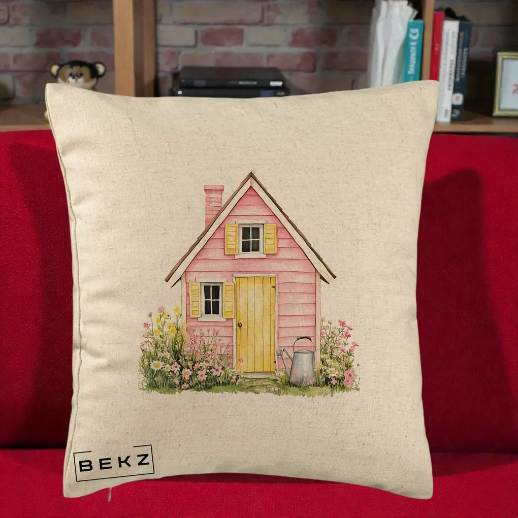 Perna Decorativa Casuta Roz Acuarela cu Gradina, 40x40 cm, Bej, Husa Detasabila, Perna Inclusa, BEKZ®