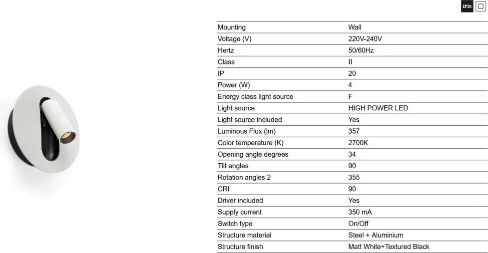 Aplica cu reader LED directionabil stil minimalist TIMIT alb