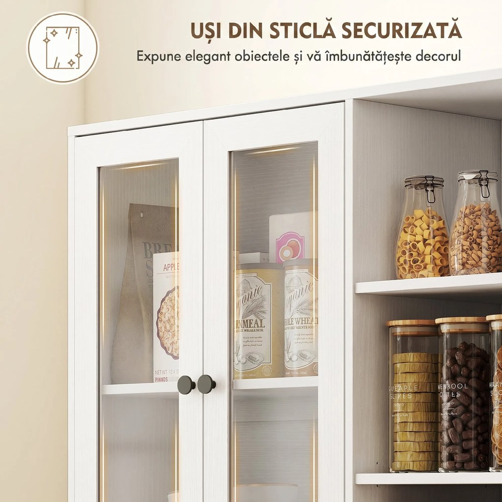 HOMCOM Bufet Bucătărie Înalt, Dulap Dispensa cu 4 Uși din Sticlă Soft-Close, 6 Rafturi Deschise, Rafturi Reglabile, Alb | Aosom Romania