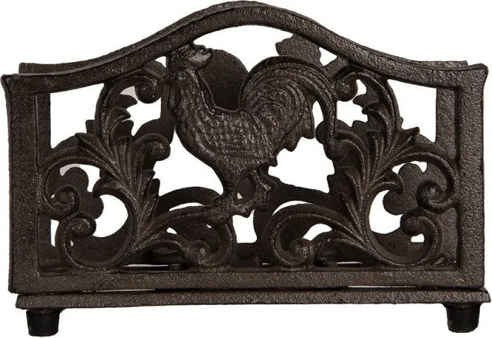 Suport pentru șervețele din fontă maro, cu motiv cocoș, „Le Coq Rustique” – 17x6x12 cm