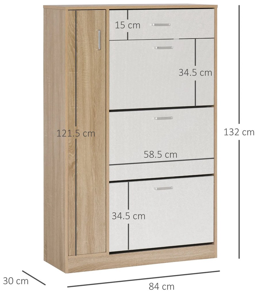 HOMCOM Suport pentru Pantofi Modern care Economiseste Spatiu cu 3 Usi si Rafturi Reglabile, Sertar si Dulapior cu Polite, Culoarea Lemnului si Alb