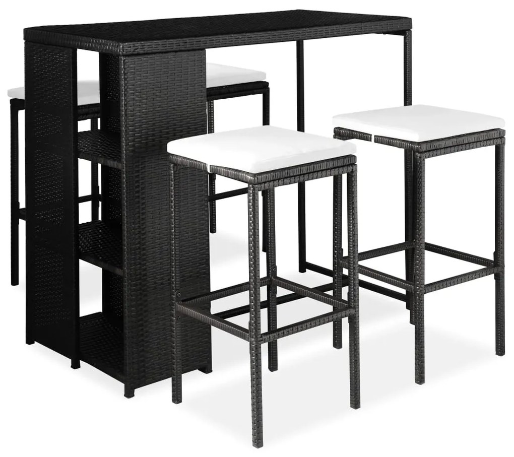 vidaXL Set mobilier bar de grădină cu perne, 5 piese, negru, poliratan