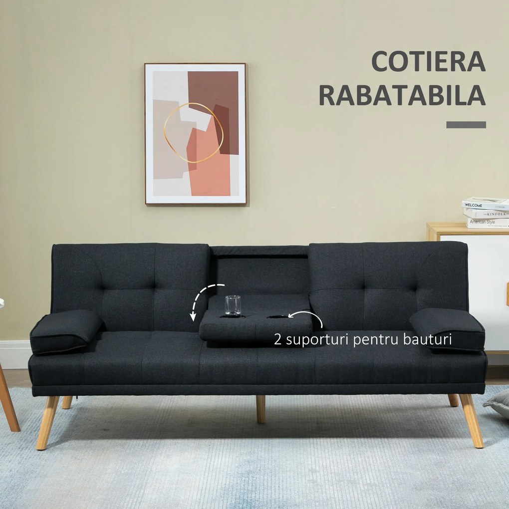 HOMCOM Canapea Extensibilă cu 3 Locuri, 2 Brațe Detașabile și Suport pentru Pahare, 181x77x78 cm, Gri antracit | Aosom Romania
