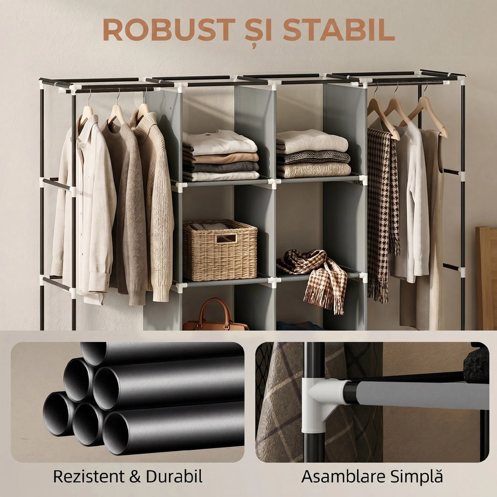HOMCOM Dulap Textil Portabil in Material Nețesut și Oțel, cu Roți, 10 Compartimente și 2 Bare pentru Umerașe, Gri Închis | Aosom Romania