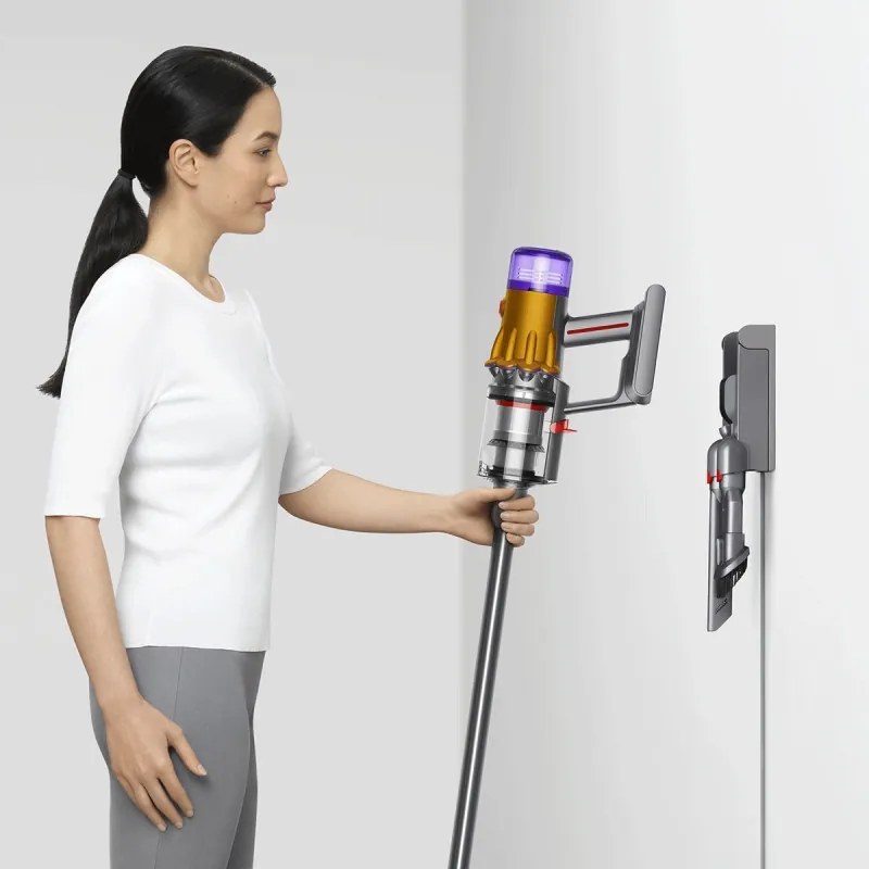 Aspirator vertical Dyson V12 Slim Detect Absolute 448884-01, 150AW, 340 ml, 60 min autonomie, 3 moduri, Afișare date în timp real, Senzor de praf, Iluminat, Nichel/galben