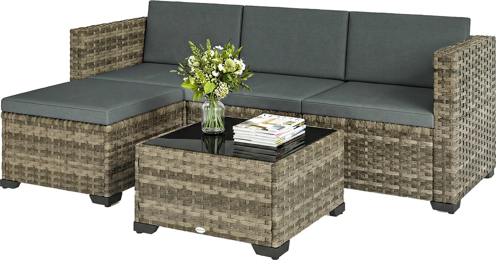 Outsunny Set exterior de grădină din ratan 5 piese cu perne 2 fotolii de colț fotoliu fără brațe suport pentru picioare și masă | Aosom Romania