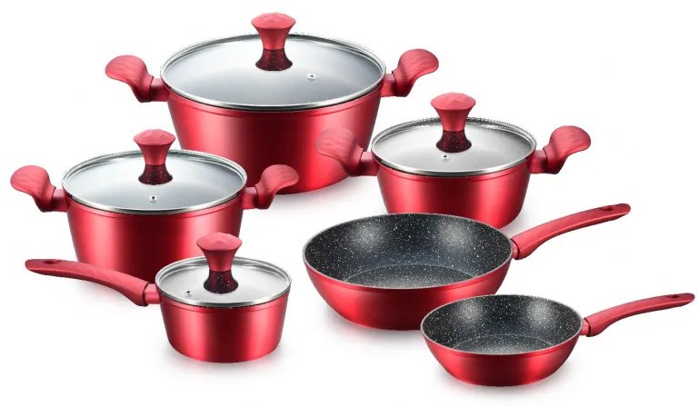 Set de oale si tigai Royalty Line FD10, 10 piese, Aluminiu turnat, Acoperire din marmura Greblon, Inductie, Rosu