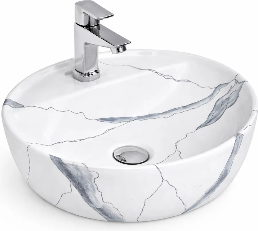 MONTERO-M 40 || Lavoar montat pe blat, ceramică, alb, cu model marmură, rotunjit