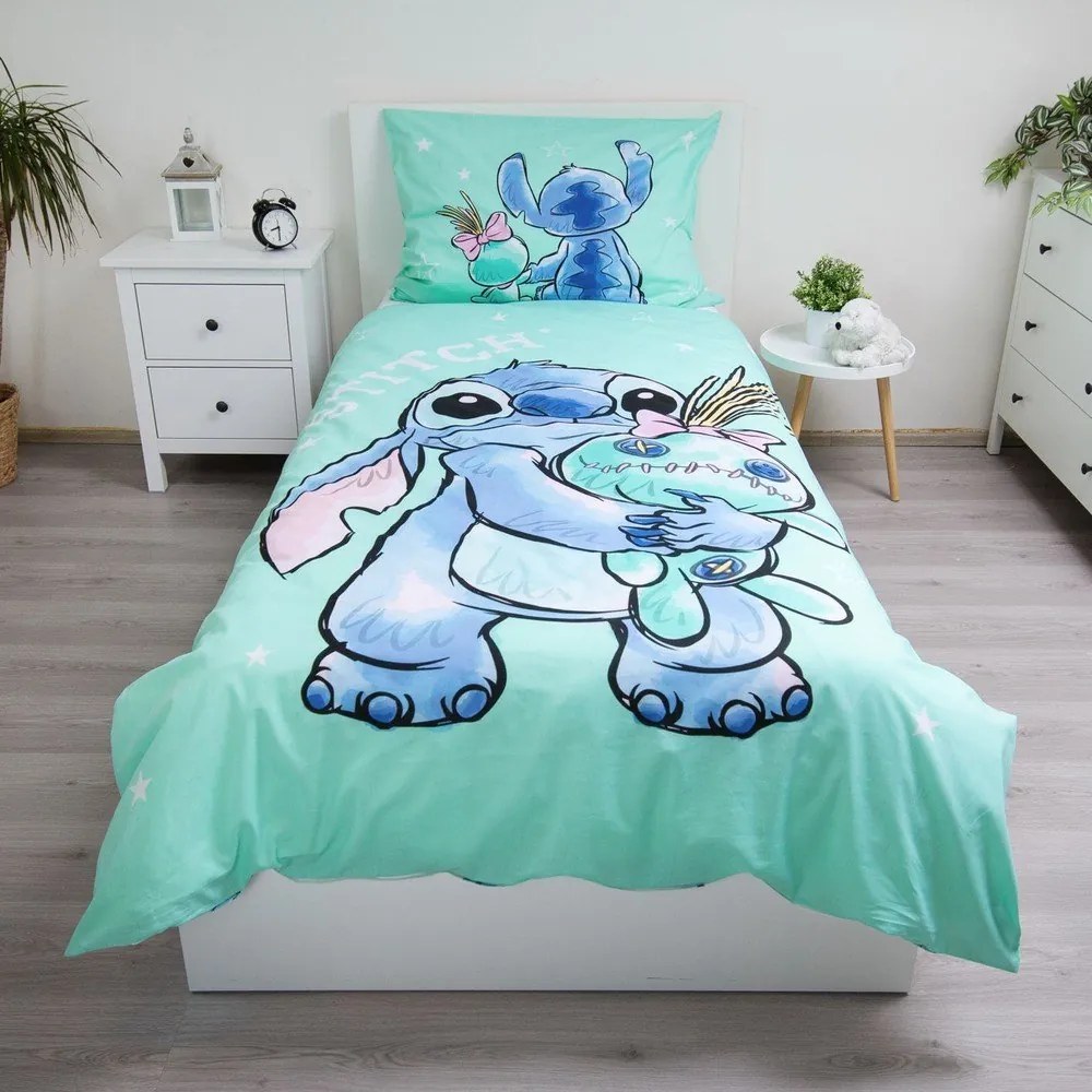 Lenjerie de pat pentru copii verde-mentă din bumbac pentru pat de o persoană 140x200 cm Lilo &amp; Stitch "Buddies" – Jerry Fabrics