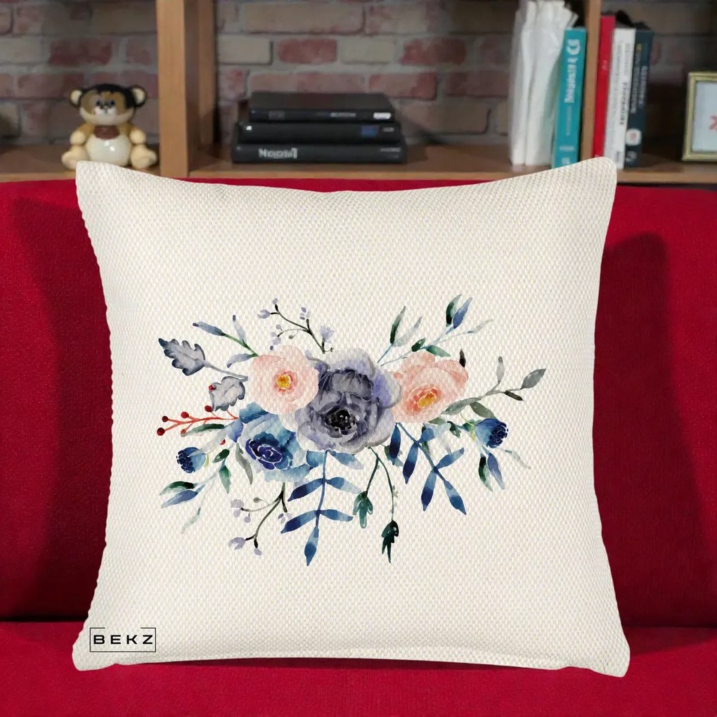 Perna Decorativa Buchet Flori Albastre Acuarela, 40x40 cm, Crem Reliefat, Husa Detasabila, Perna Inclusa, BEKZ®