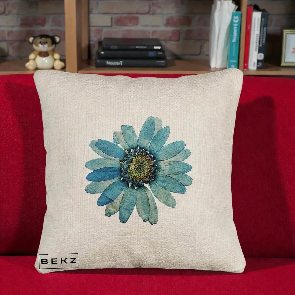 Perna Decorativa Floare Margareta Albastra Acuarela, 40x40 cm, Bej Canapea, Husa Detasabila, Perna Inclusa, BEKZ®