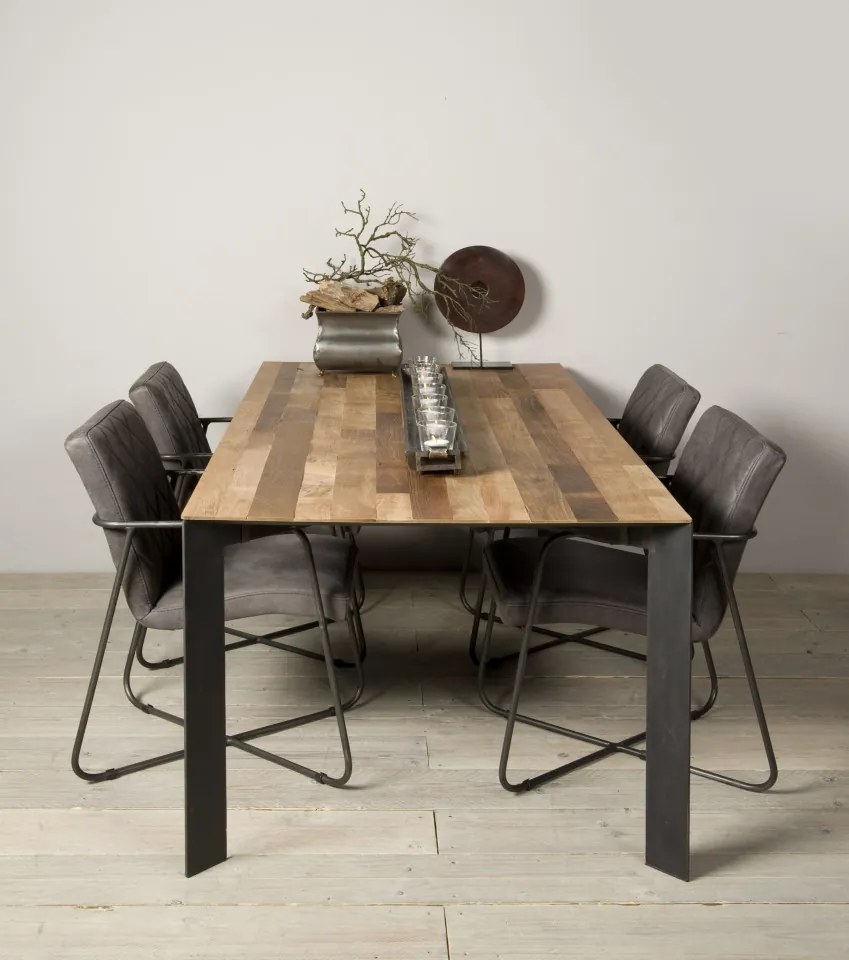 Masa dreptunghiulara cu blat din lemn de tec reciclat 240x100x78 cm maro deschis/argintiu