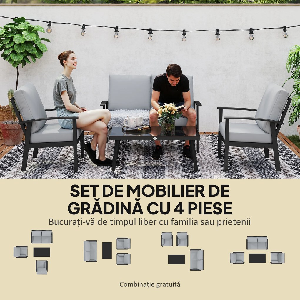 Outsunny Set de Mobilier de Grădină din 4 Piese, cu Canapea, 2 Fotolii și Măsuță de Cafea, 127x74x80 cm, Gri Cărbune | Aosom Romania