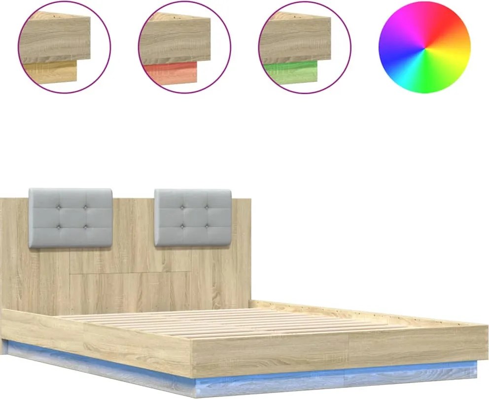 vidaXL Cadru de pat cu tăblie și lumini LED, stejar sonoma, 120x200 cm