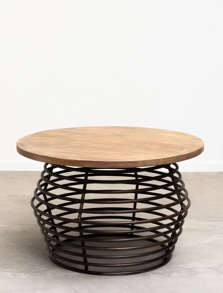Măsuță de cafea rotundă din lemn de mango, natur, cu bază din inele de metal, 46,5 x 76 cm, „Spring”