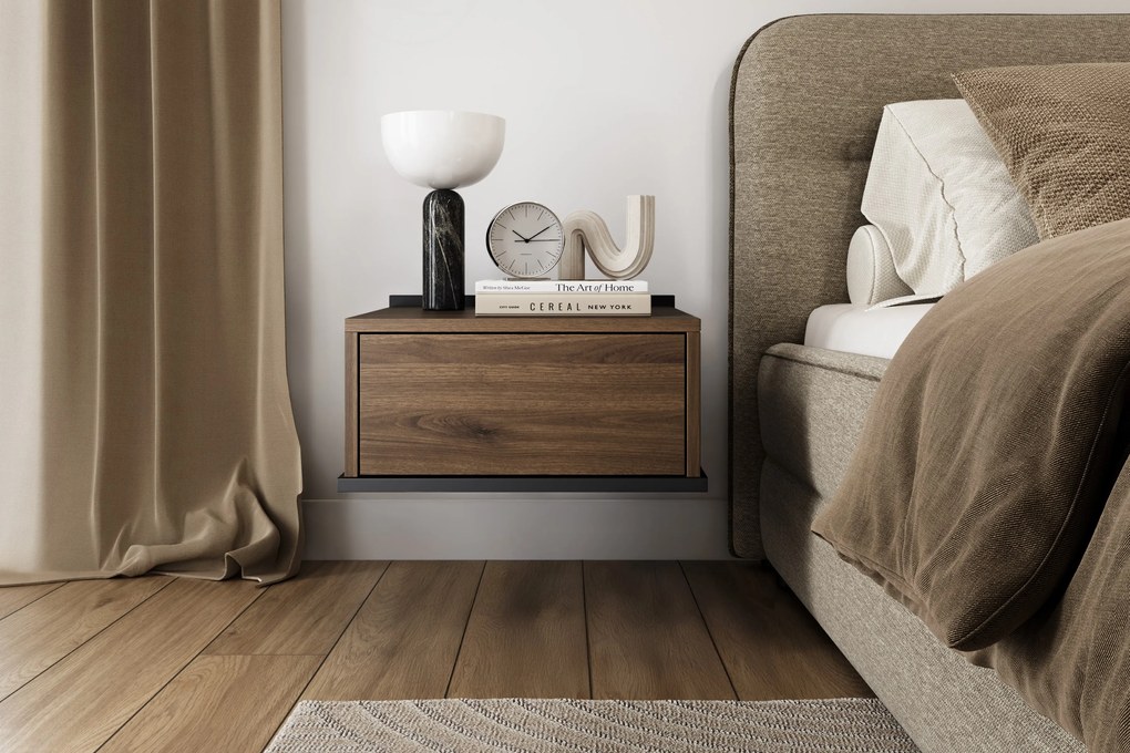 Noptieră suspendată Zenar cu sertar 50 cm - nuc elegant / negru
