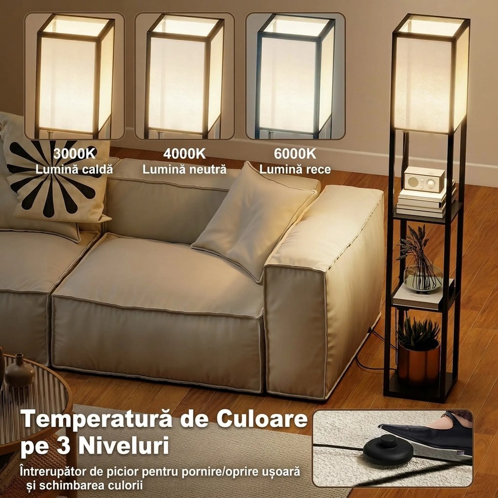 Lampă de Podea HOMCOM LED cu Rafturi, Lampă Modernă cu Comutator și Porturi USB, Lumină Reglabilă pentru Living și Dormitor, Neagră | Aosom Romania
